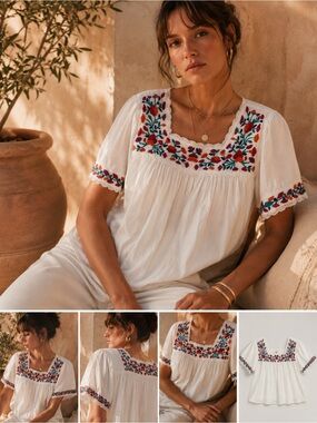Embroidered Square-Neck White Peasant Top XL NWT